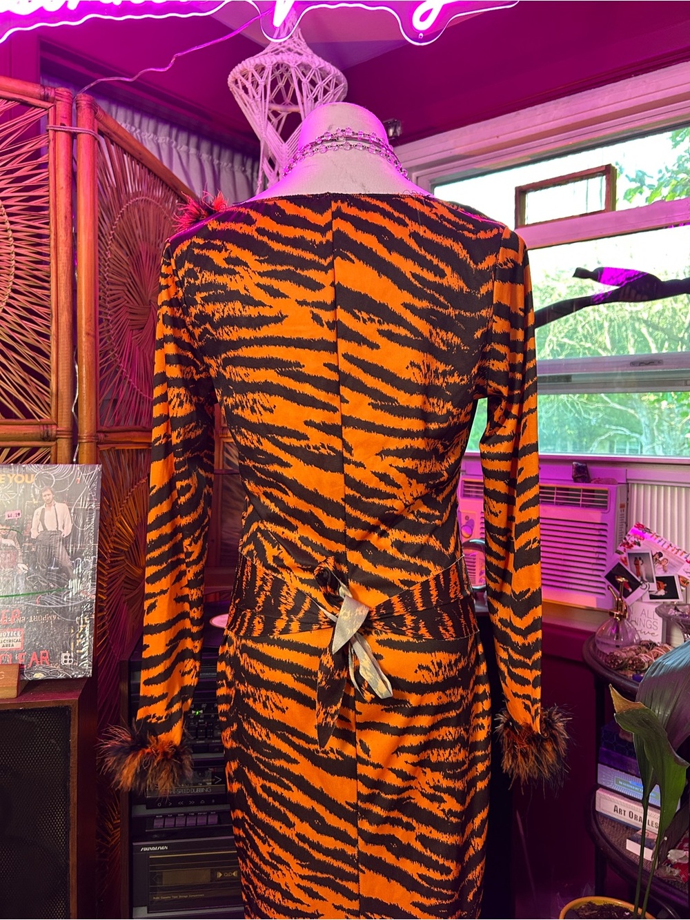 Vintage 70s Orange and Black Tiger-Stripe Midi Dress with Feather Trim - Picture 5 of 5